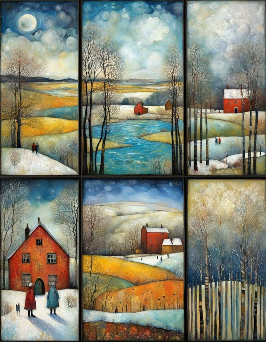 Summer and Winter Dyptich: Naive Encaustic Art