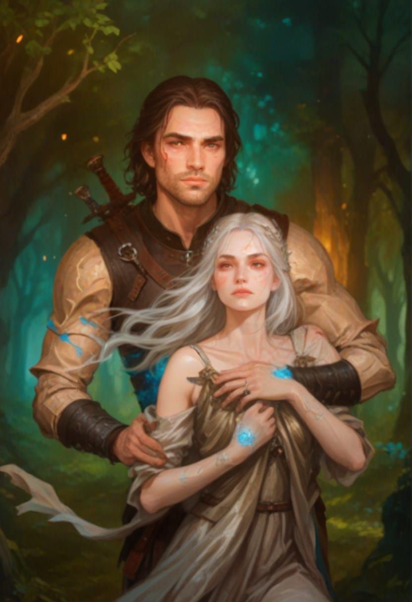 The Witcher Man Embraces a Mystical Woman in a Slavic Fantas...