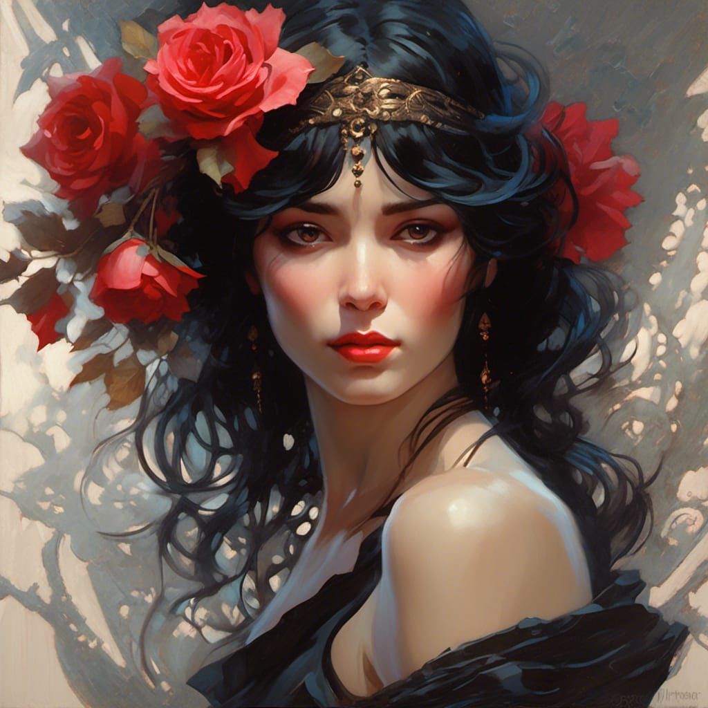 Intriguing Portrait of a Lady with Black Lace Fan