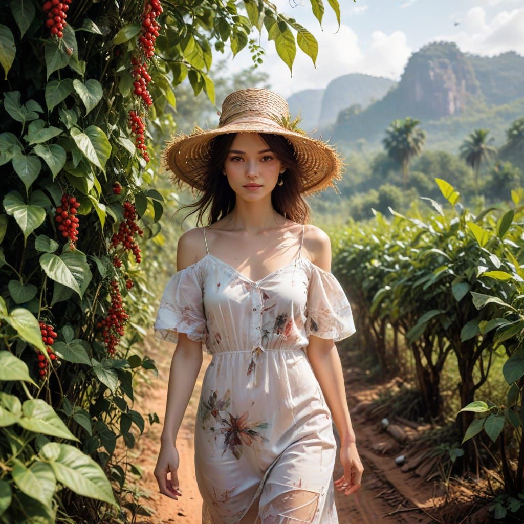 Kampot Pepper Plantation at Golden Hour in Watercolor Style