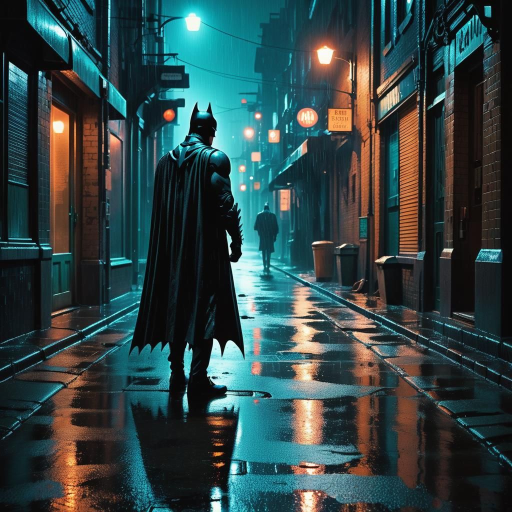 Melancholic Batman in Rainy Film Noir Gotham