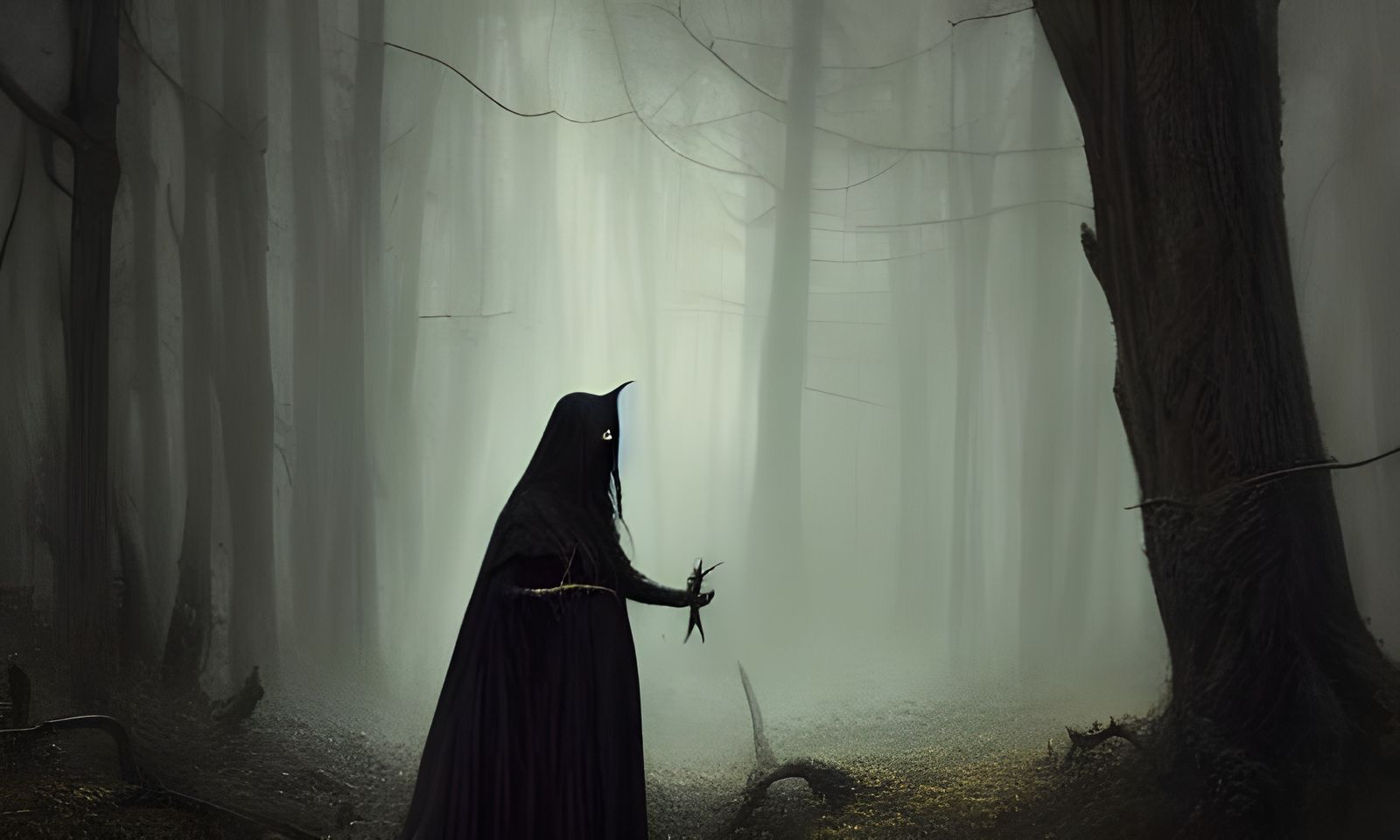 Sinister Black Hag Witch in Dark Forest