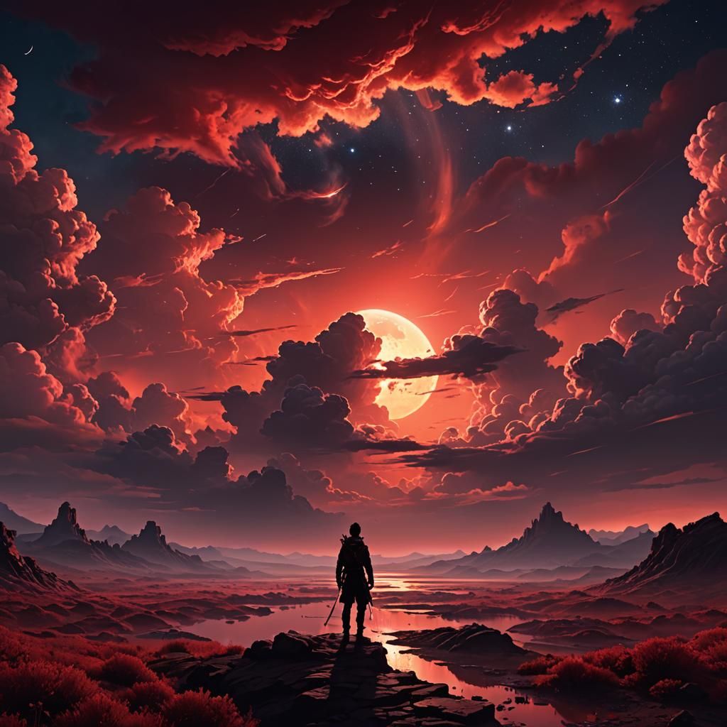 Silhouette Walking Through Red Cosmic Sunset Clouds