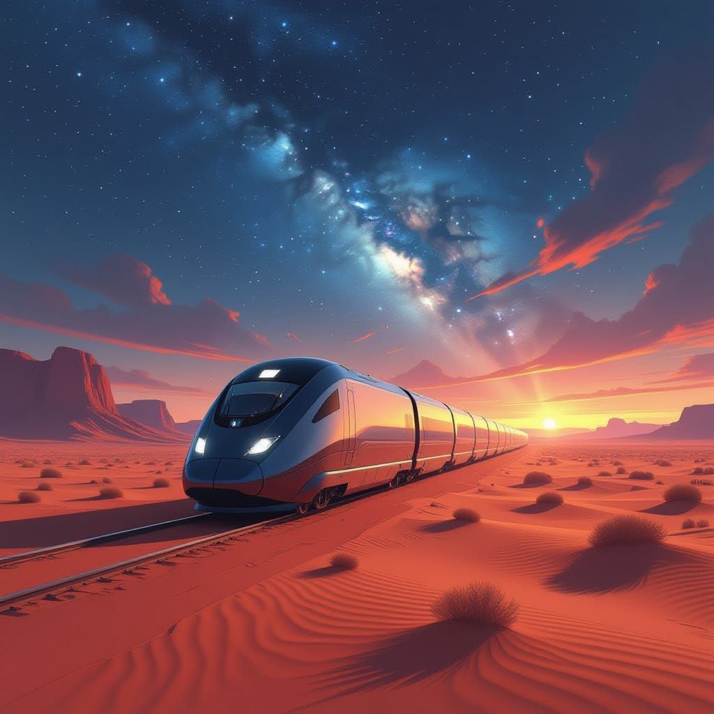 Futuristic Train in Alien Desert Splash Art Style