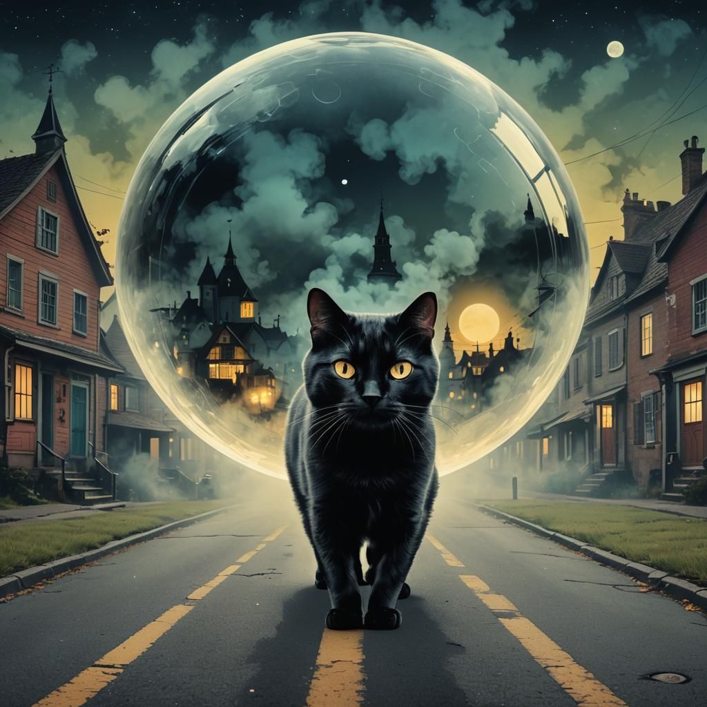 Black Cat in Moonlit Field: Pop Art Digital Illustration