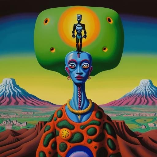Surreal Anthropomorphic Figure on Hill, Futuristic Art
