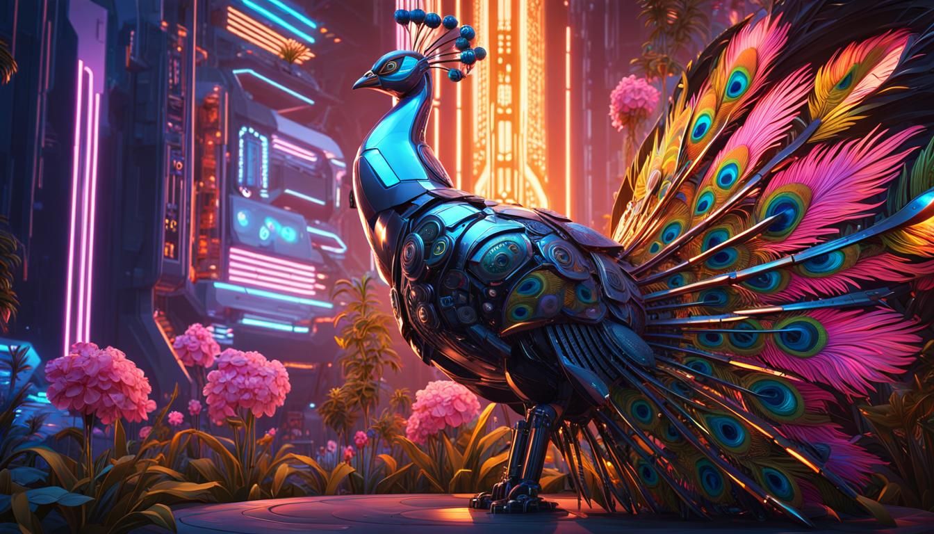 Cybernetic Peacock in Futuristic Garden