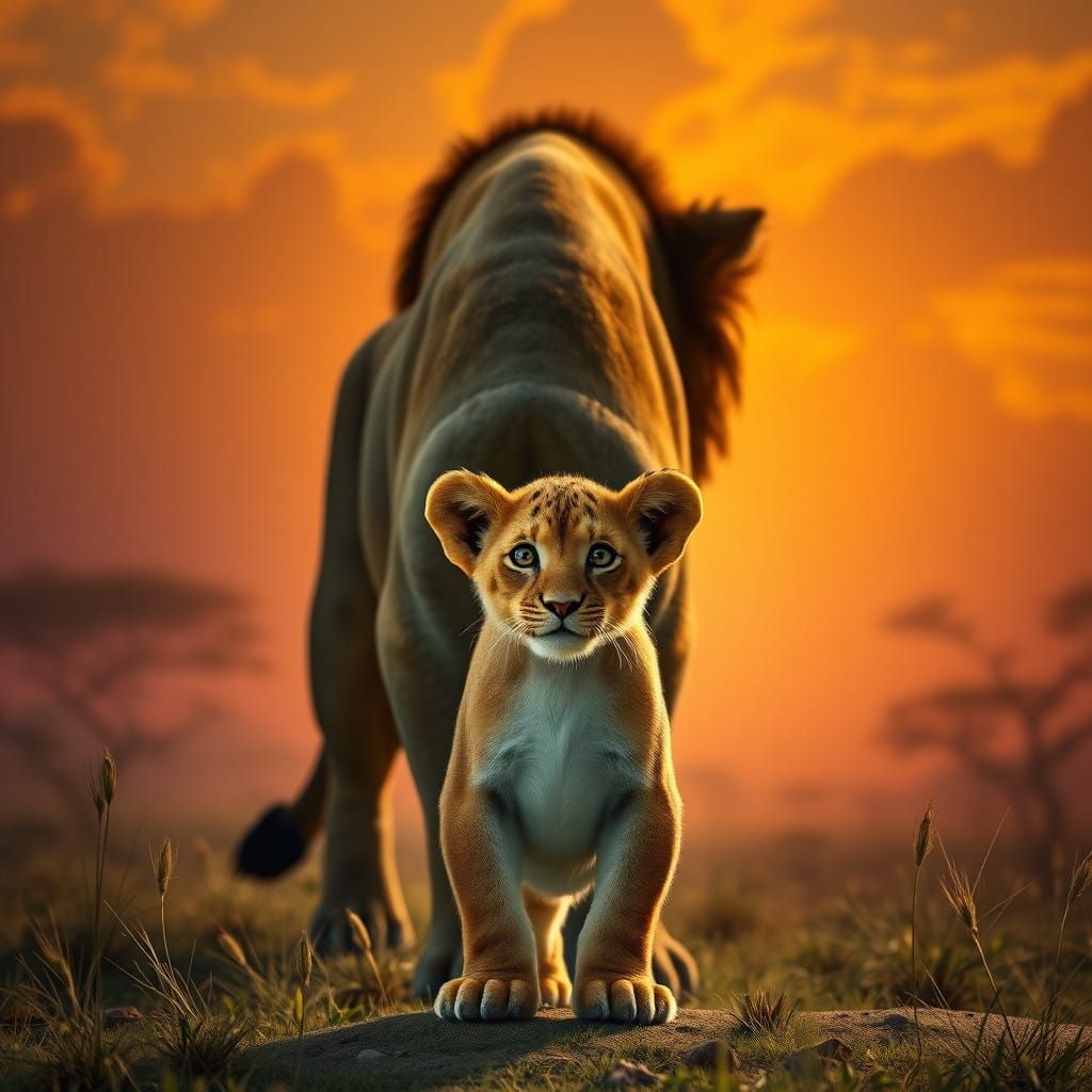 Photorealistic Lion Cub Portrait in Vibrant Savanna Landscap...