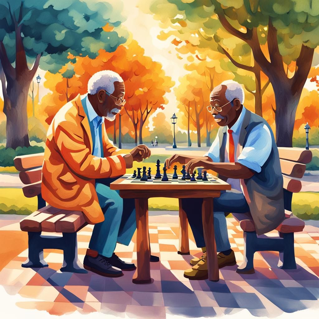 Chibi Art: Elderly Men Play Chess in Park