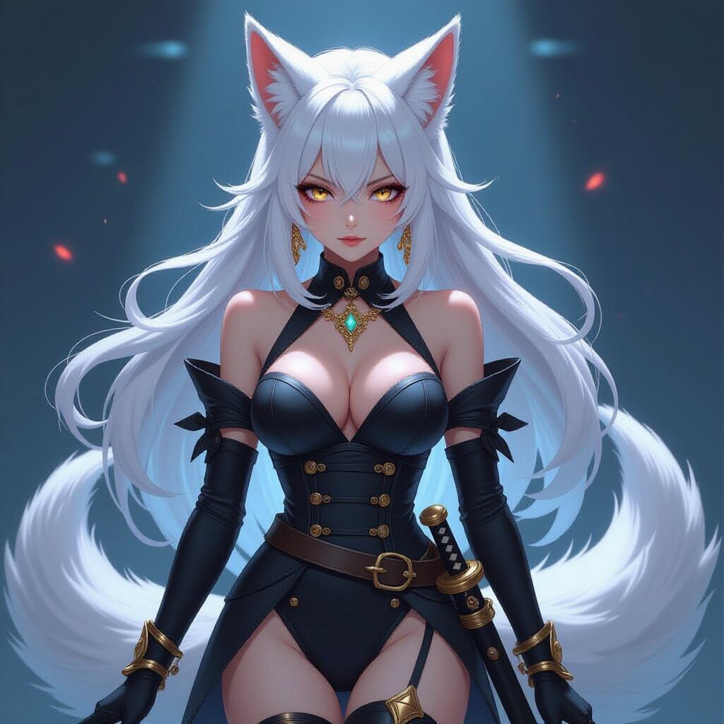 Anime Kitsune Admiral in Red Kimono with Katana