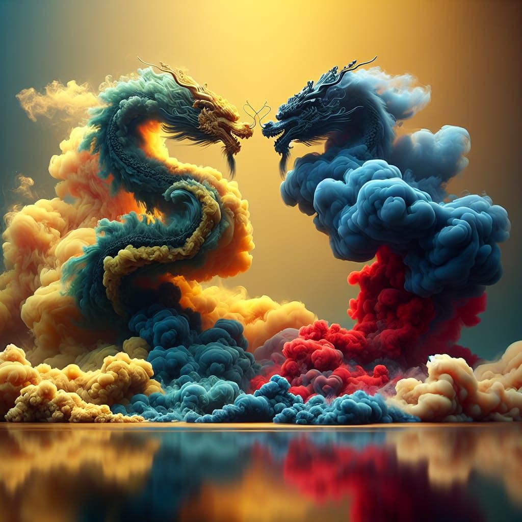 Smoke Dragons Forming Heart Under Yellow Sky