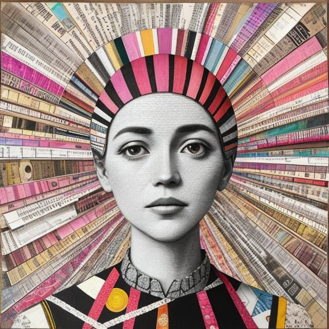 Abstract Mixed Media Collage with Pink Stripes and Childhood...