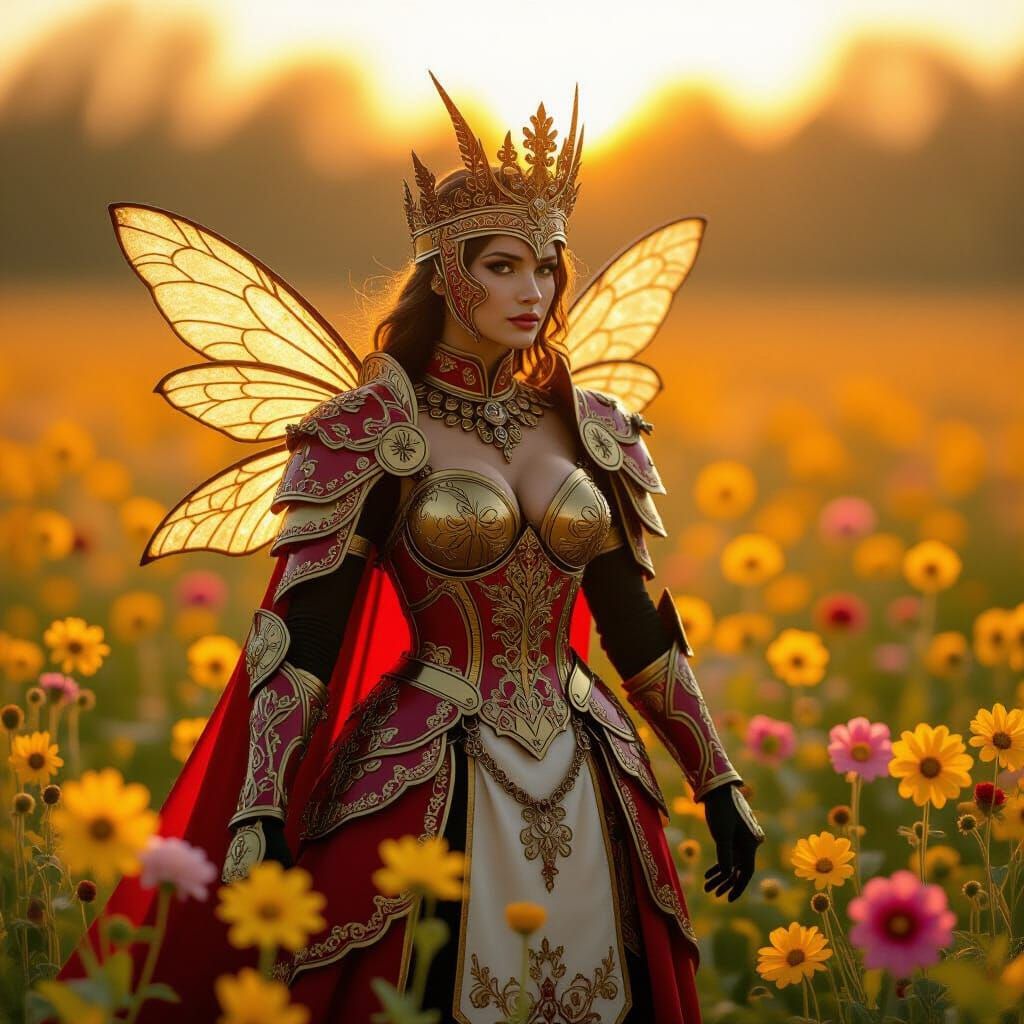 Queen Bee in Red and Gold Armor with Flowers