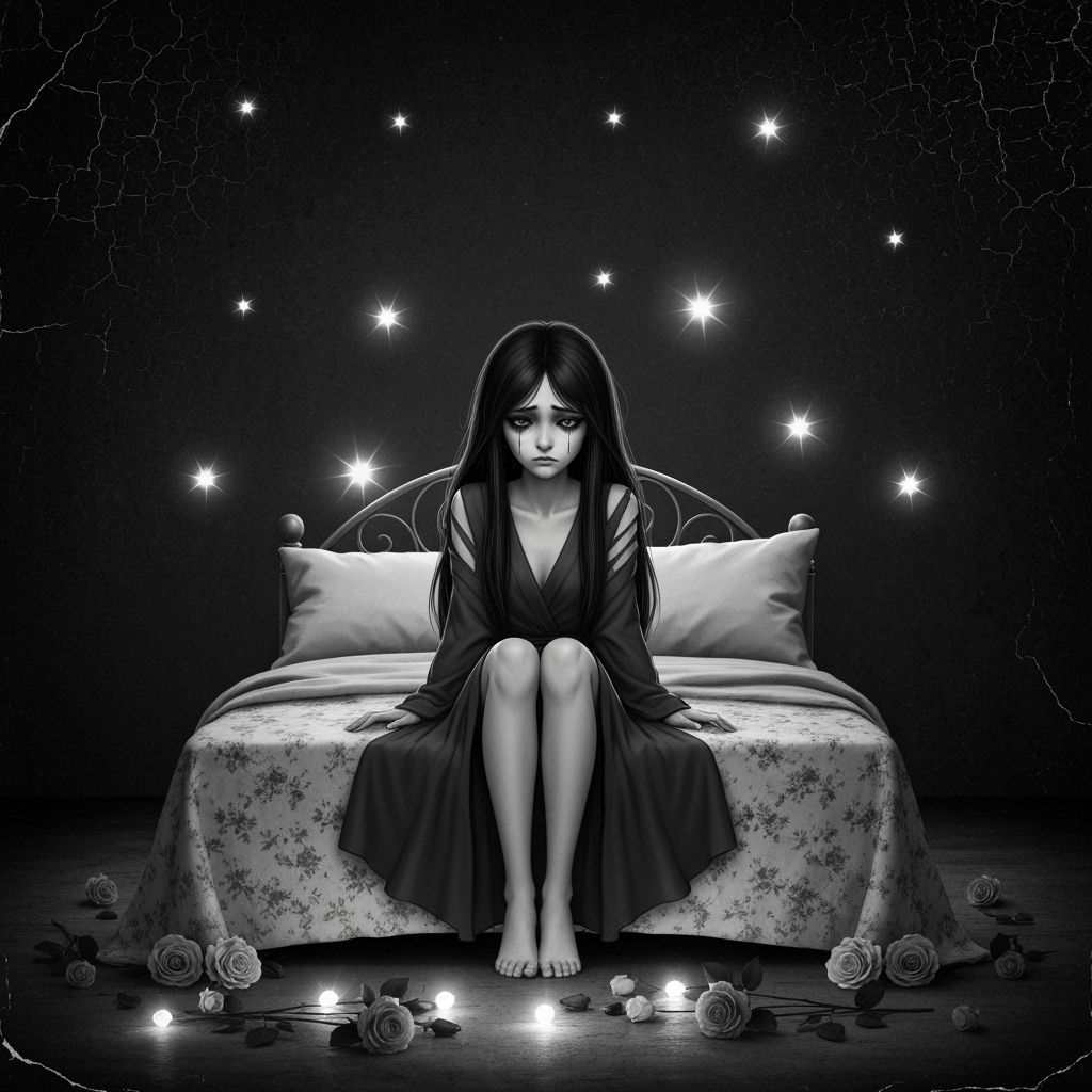 Melancholic Doll in Vintage Style Under Starry Night