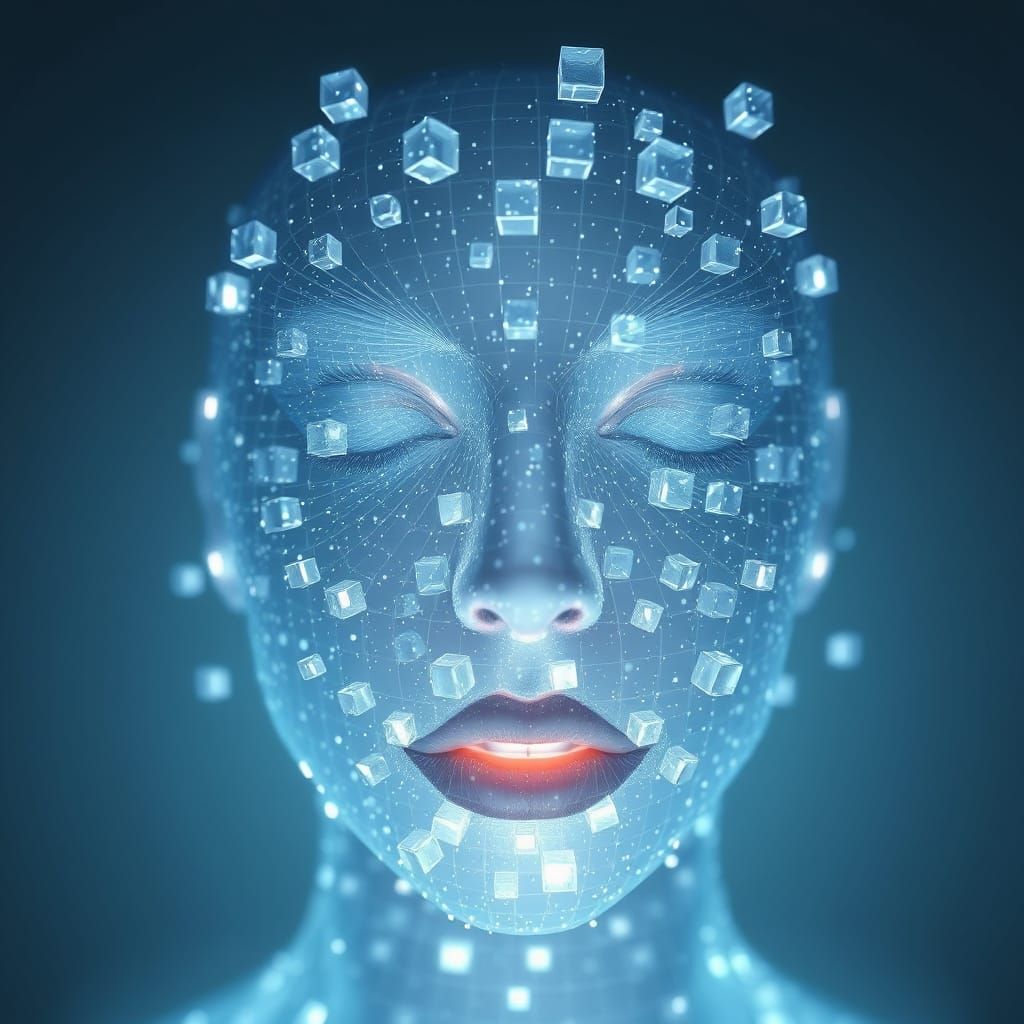 Ethereal Face Constructed from Dissolving Cubes in Hyper-Rea...