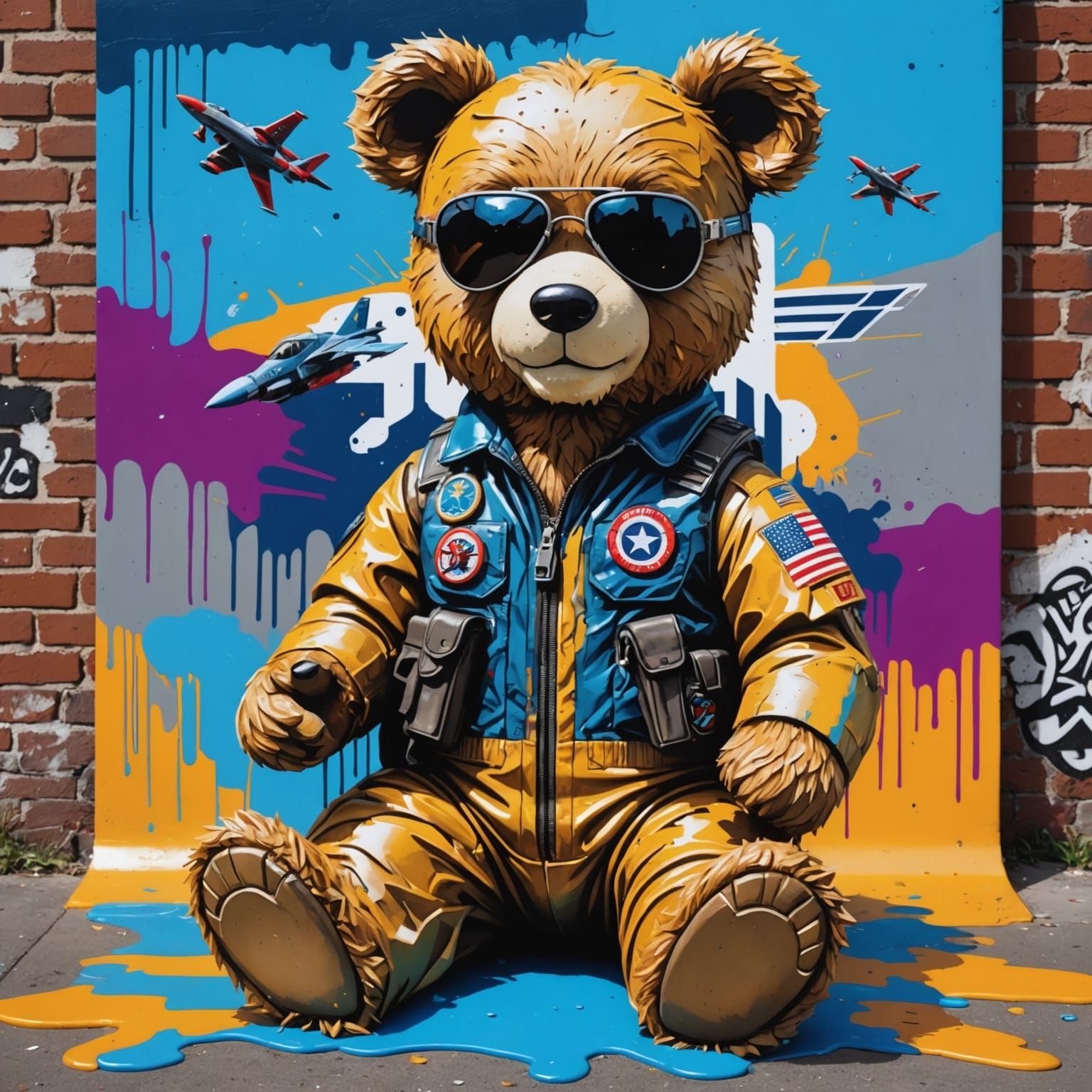 Teddy Bear as Top Gun Pilot in Graffiti Art
