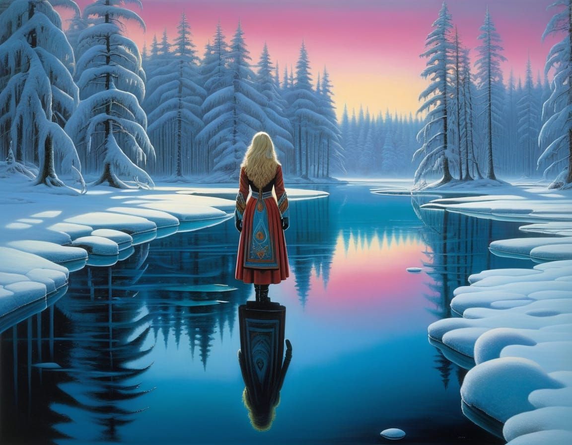 Finnish Woman Crawls Through Icy Pond in Vibrant Traditional...