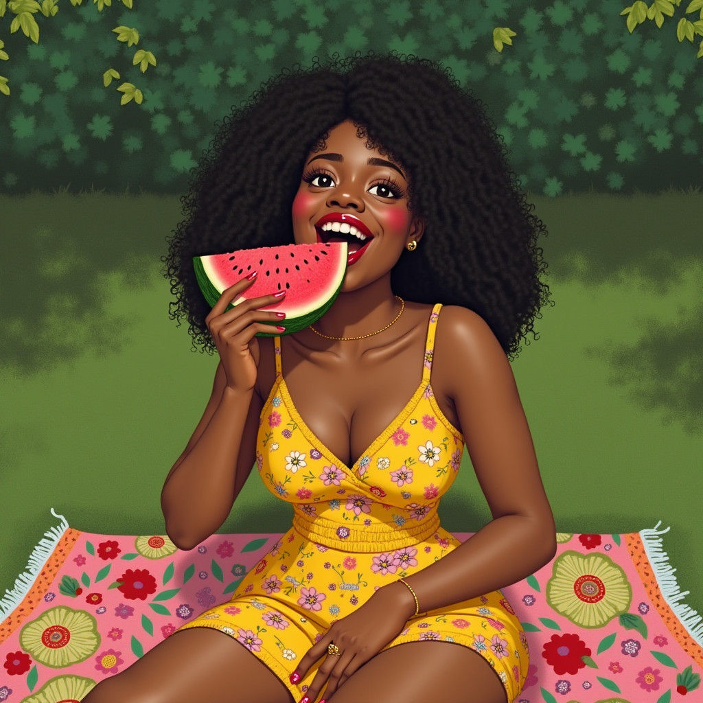 Woman Enjoying Watermelon in Summer Folk Art