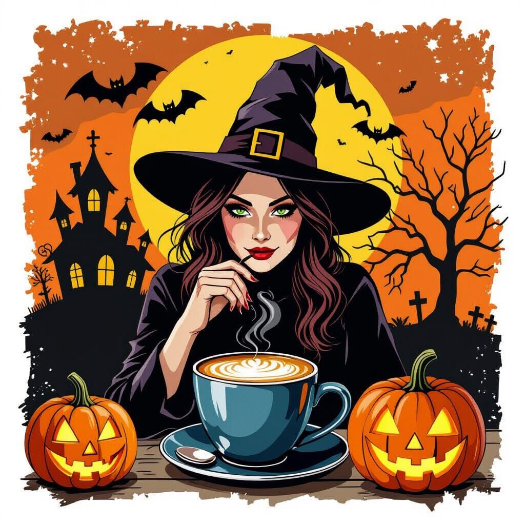 Halloween Collage with Witch, Cappuccino, and Pumpkin