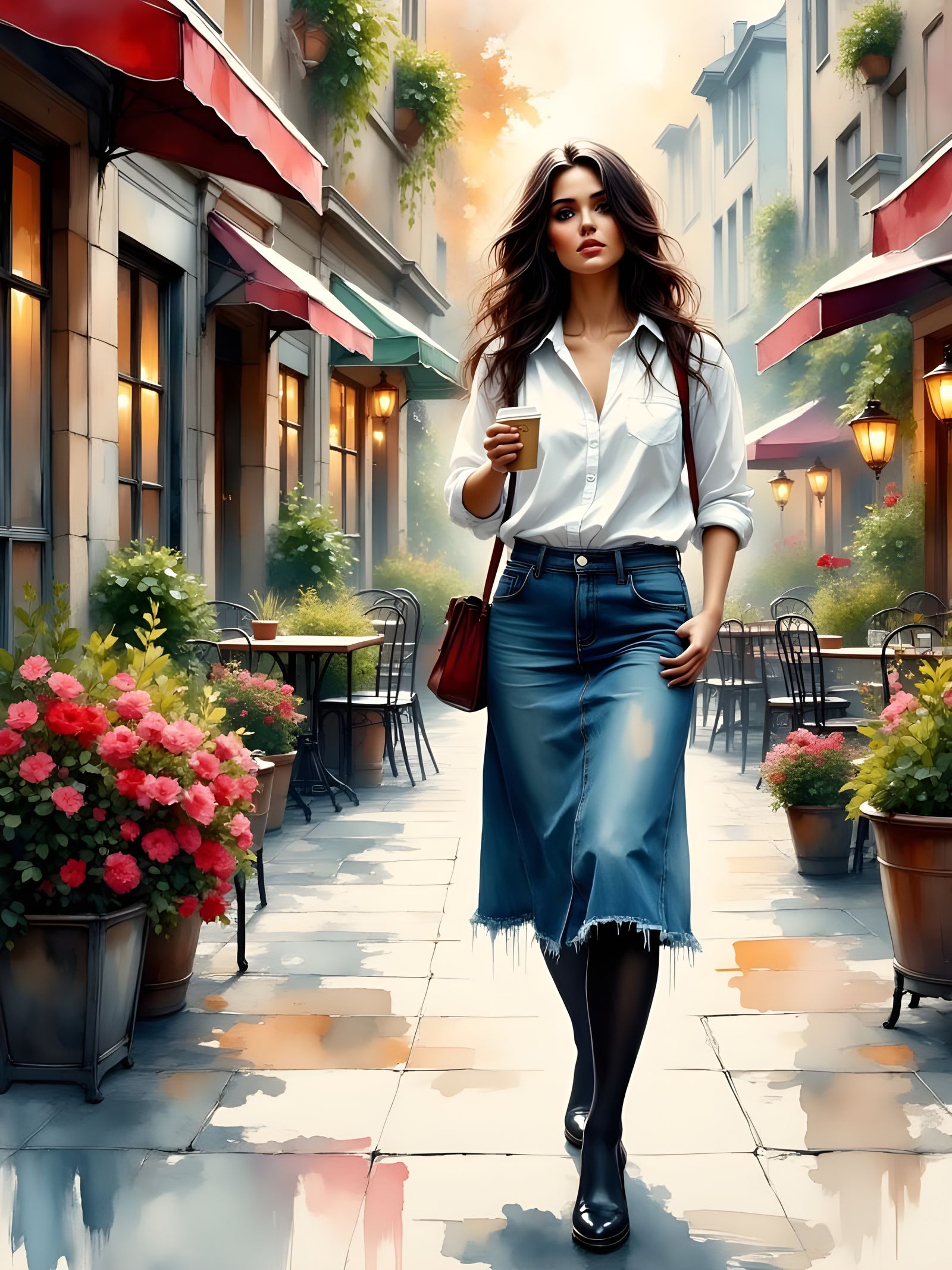 Brunette Woman in City Street, Ink and Strokes Style