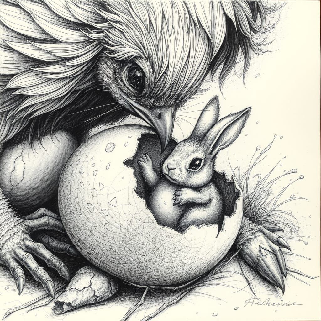 Whimsical Easter Scene in Charcoal and Graphite