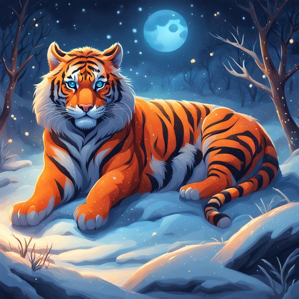 Adorable Tiger Under a Winter Night Sky
