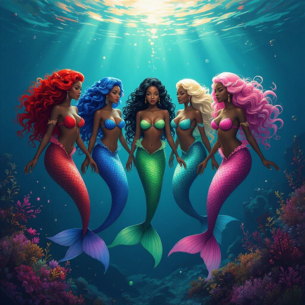 African American Mermaids in Deep Ocean Trench