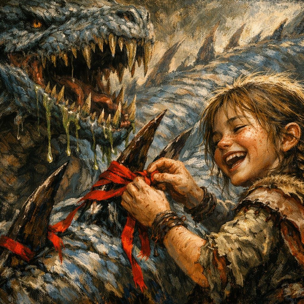 Jovial Girl Ties Ribbons on Epic Behir DragonLance Style