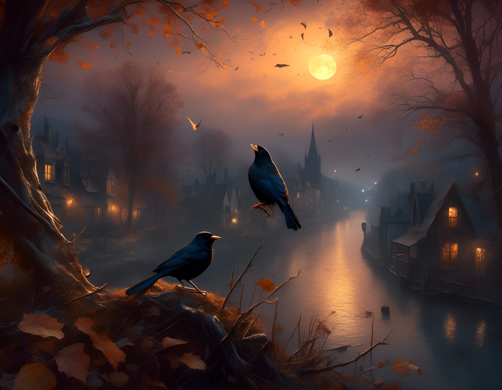 Blackbird Singing in the Night as Kinkade Painting