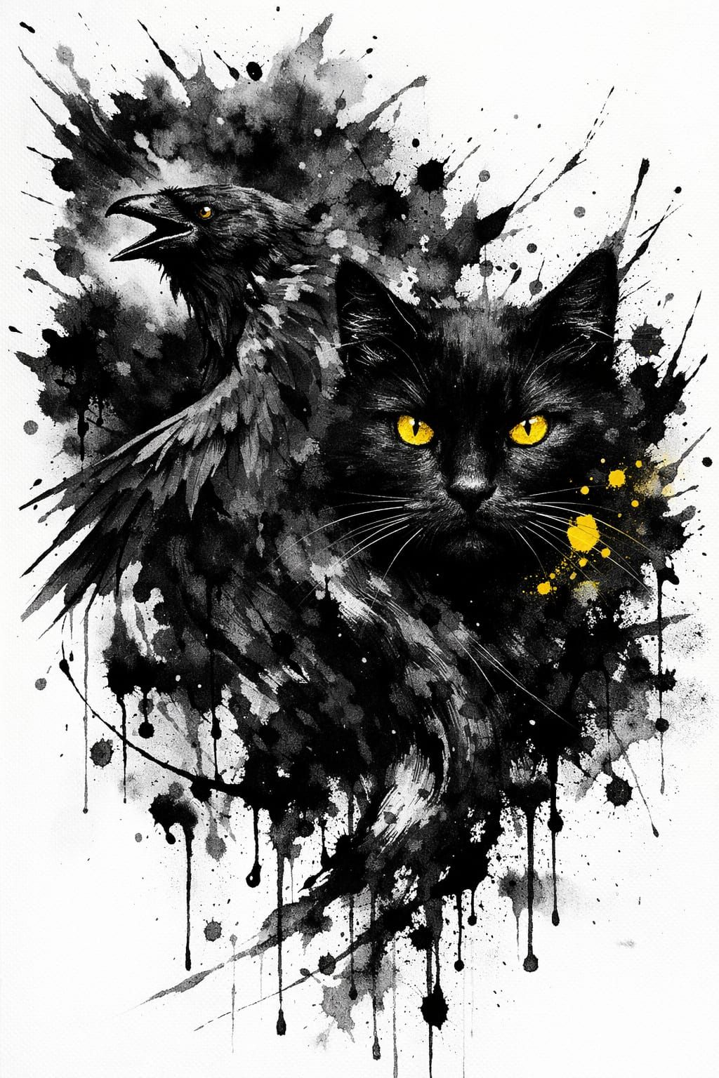 Monochrome Ink Splash Art of Cat and Raven