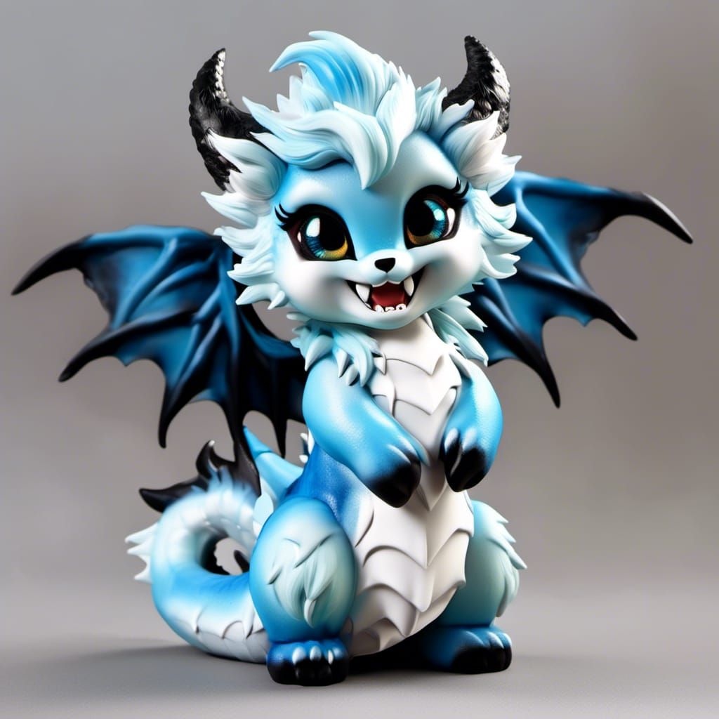Fluffy Blue Chibi Dragon with Christmas Hat