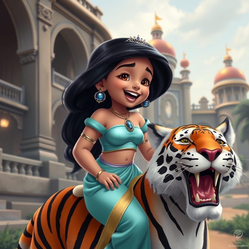 Baby Princess Jasmine Rides Tiger Near Palace