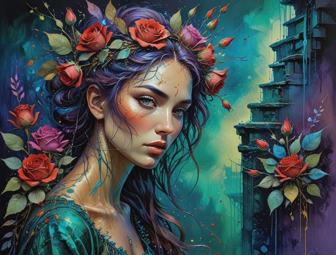 Cascade of Red Roses on Stone Staircase