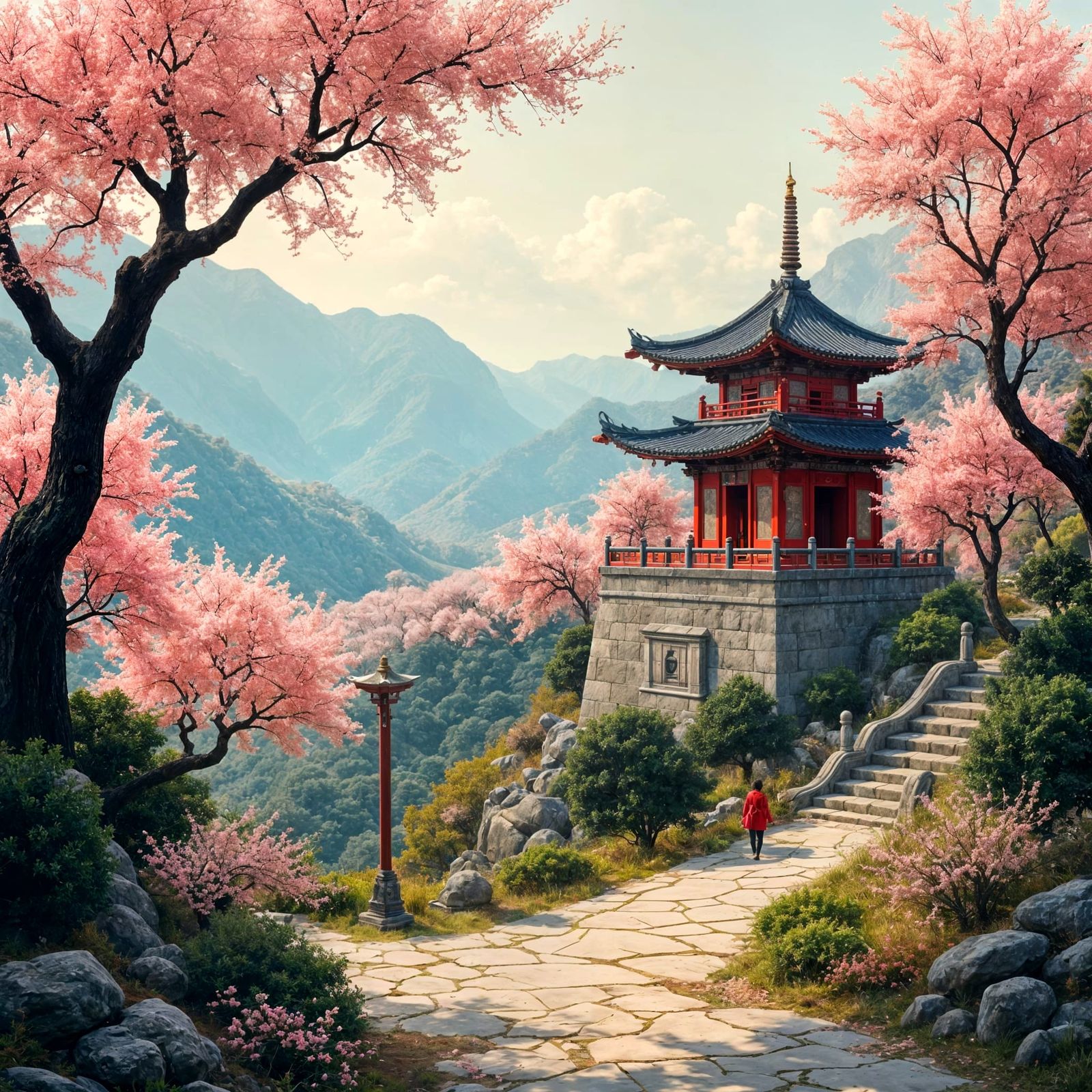 Surreal Plum Blossom Temple Scene