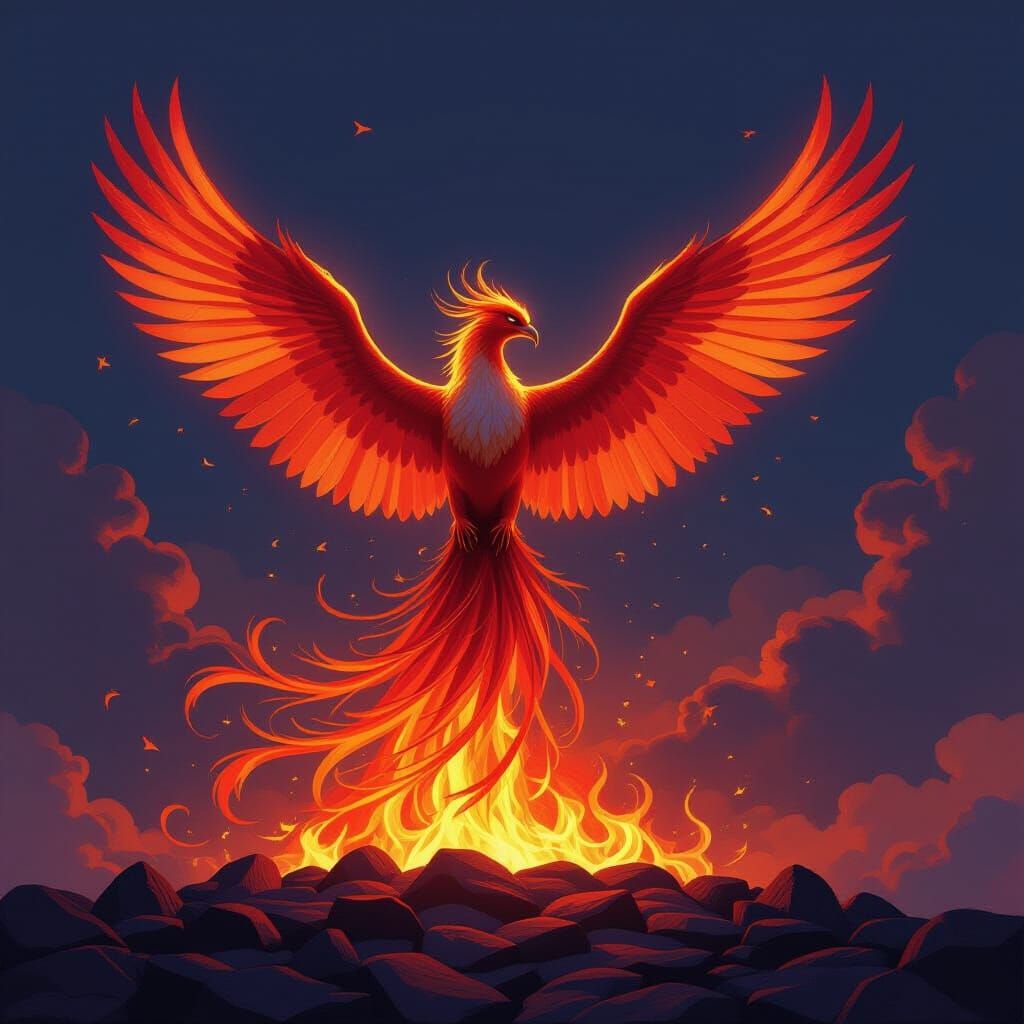 Majestic Phoenix Rises from Embers in Art Nouveau Style
