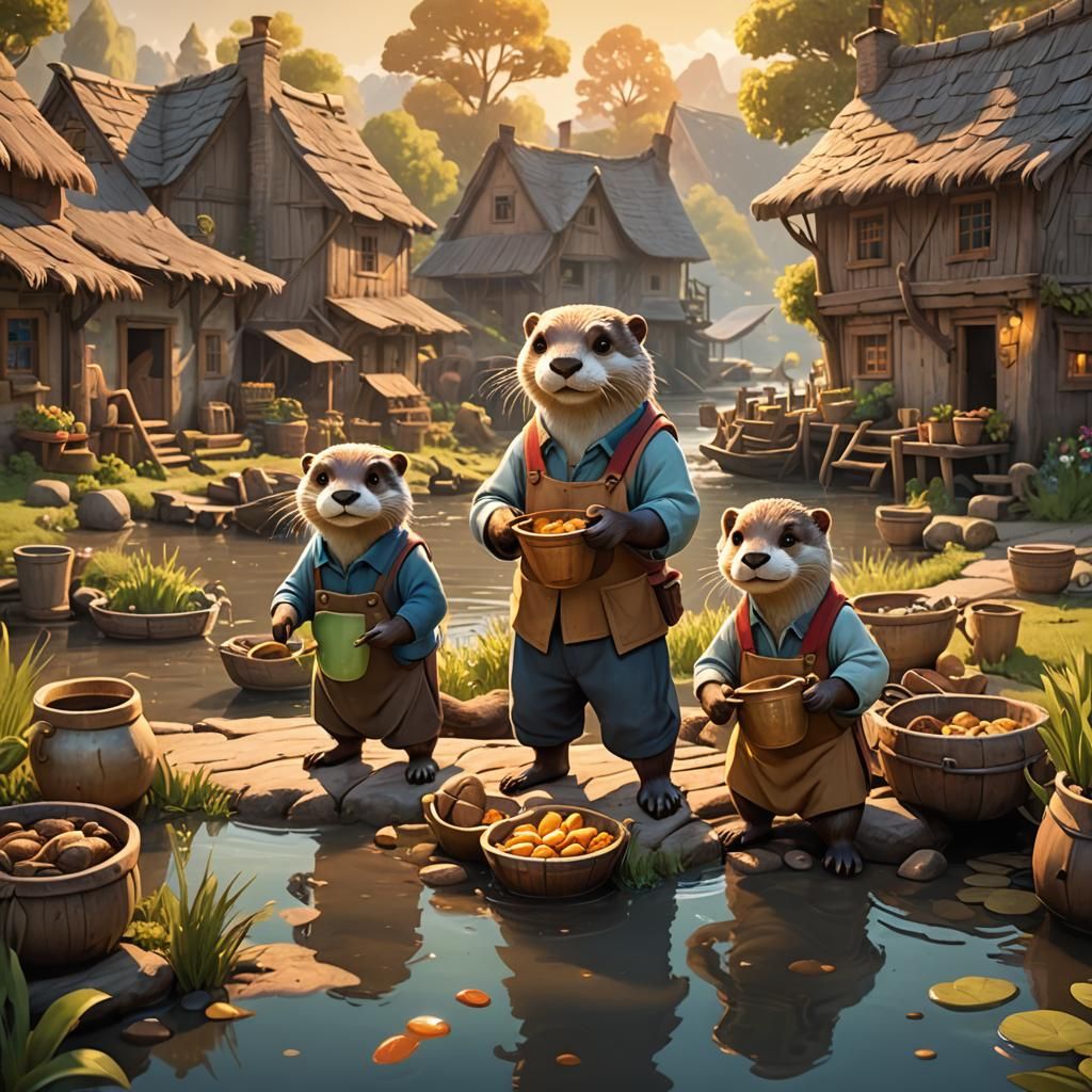 Otter Peasants in Whimsical Cartoon Village