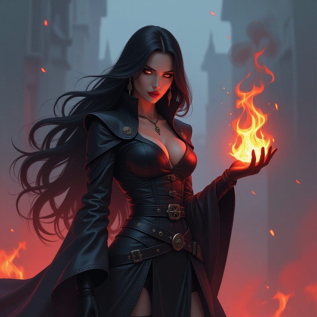 Hell-fire Goddess in Dark Cyberpunk Fantasy Style