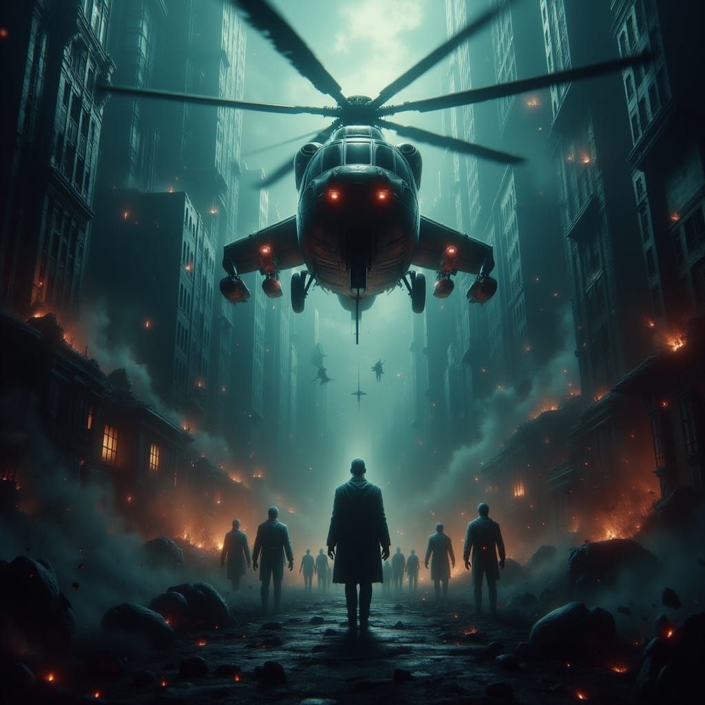 Military Helicopter Escapes Zombie City at Twilight