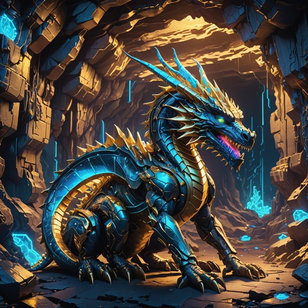 Cybernetic Dragon Hoarding Gold in Neon Cave