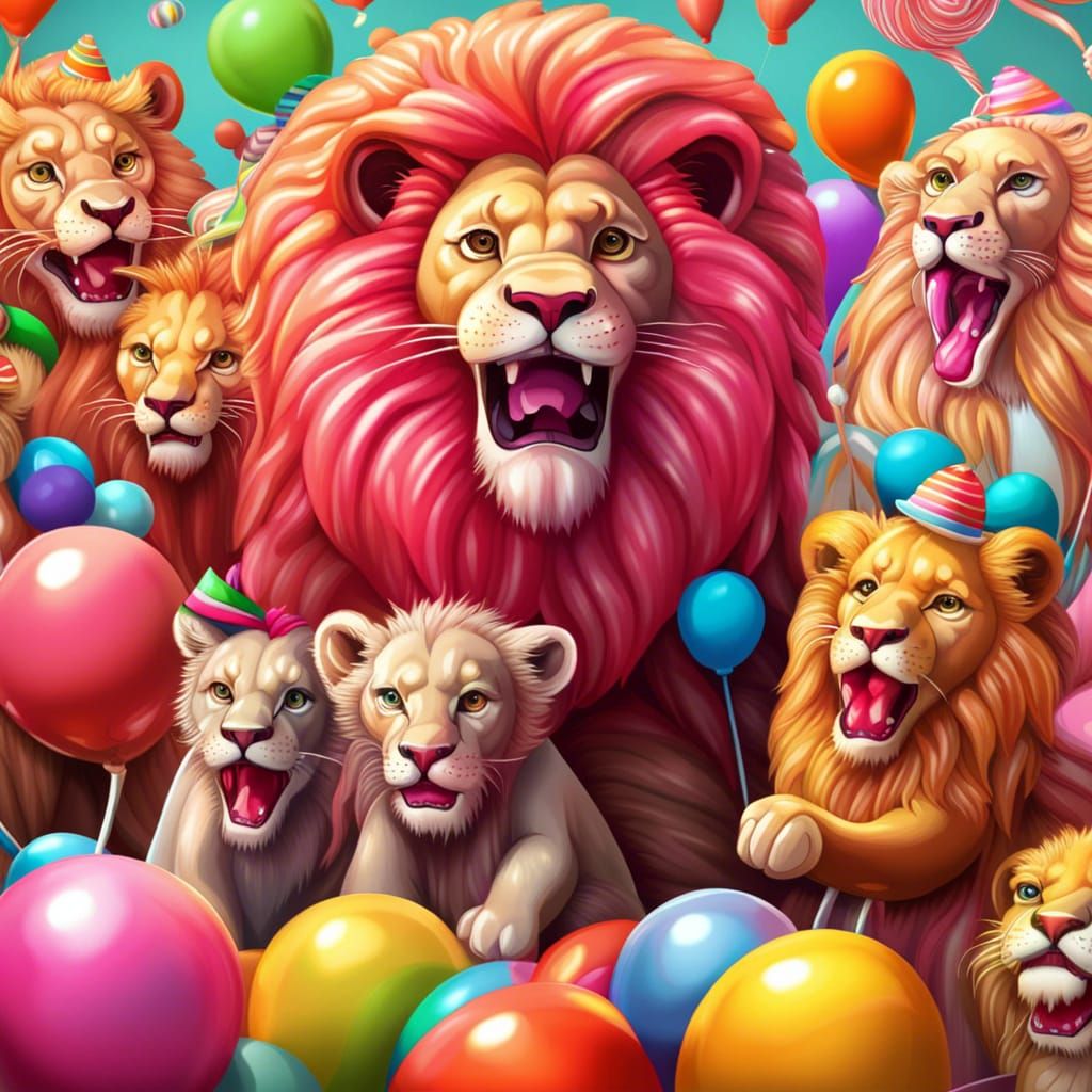Lions Throwing a Candy-Themed Party: Digital Illustration