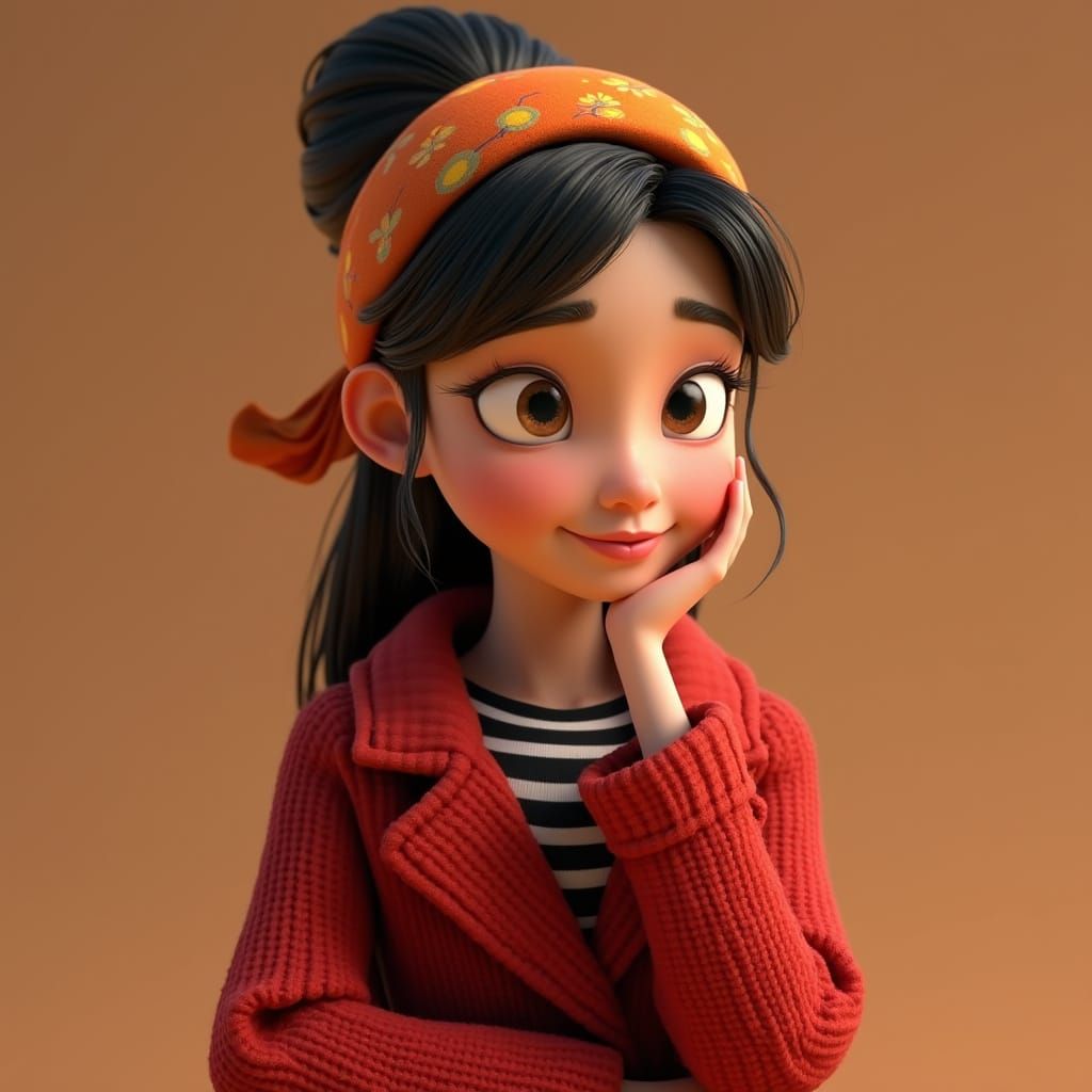 Animated Woman in Knitted Coat, Pixar Style