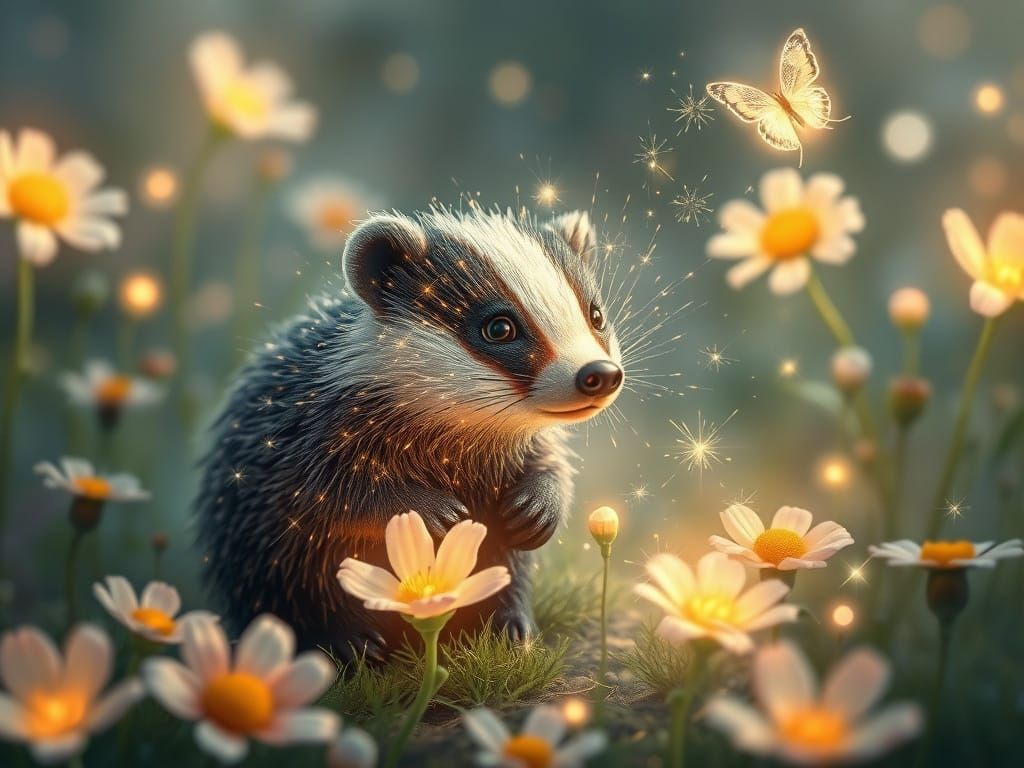 Whimsical Electricity Badger in Dreamlike Garden