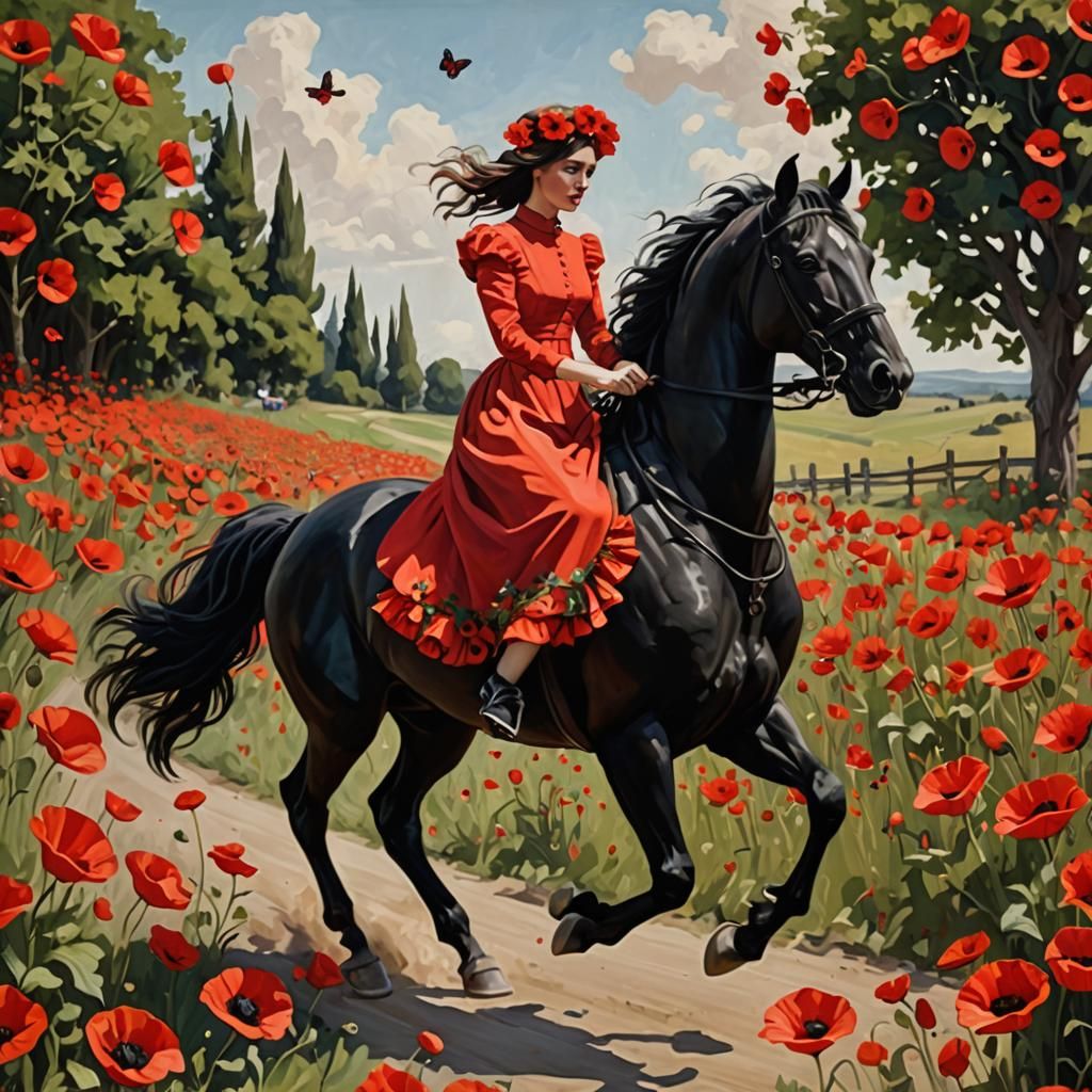 an oil painting of a lady in red racing a black horse in a d...