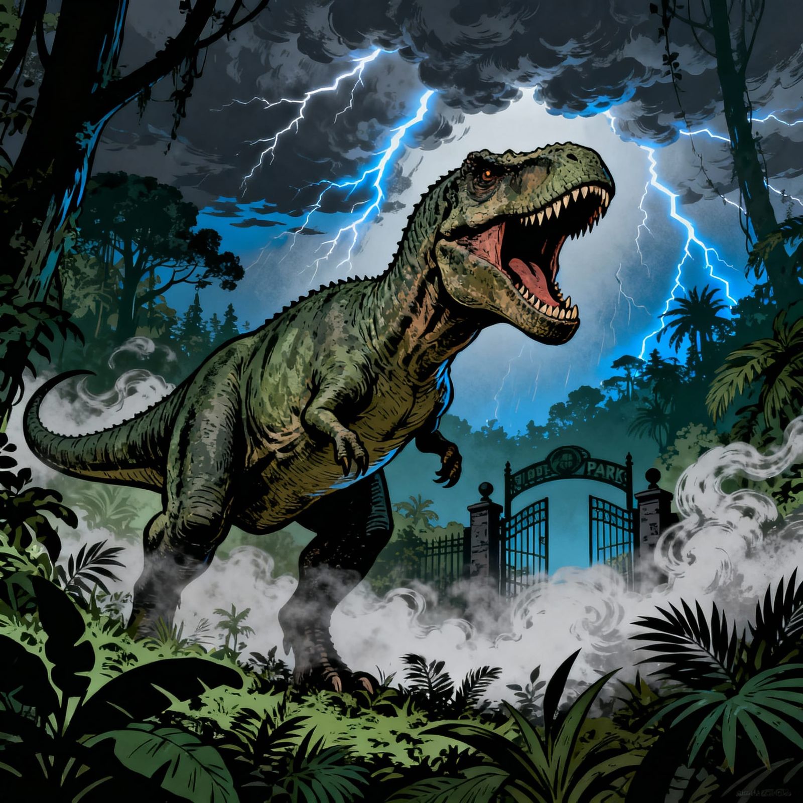 Jurassic Park Poster: T-Rex Roars in Stormy Jungle