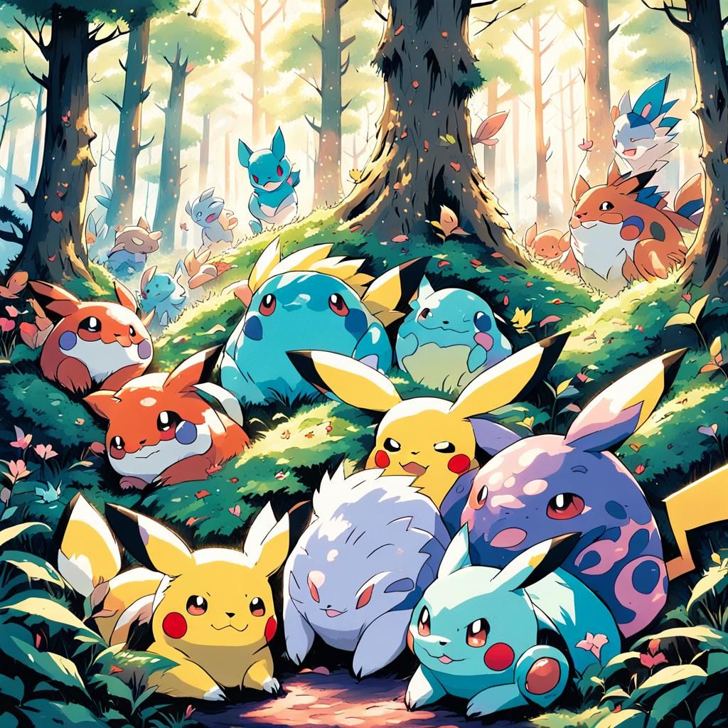 Pokemon Naptime in Lush Forest: Fantasy Art