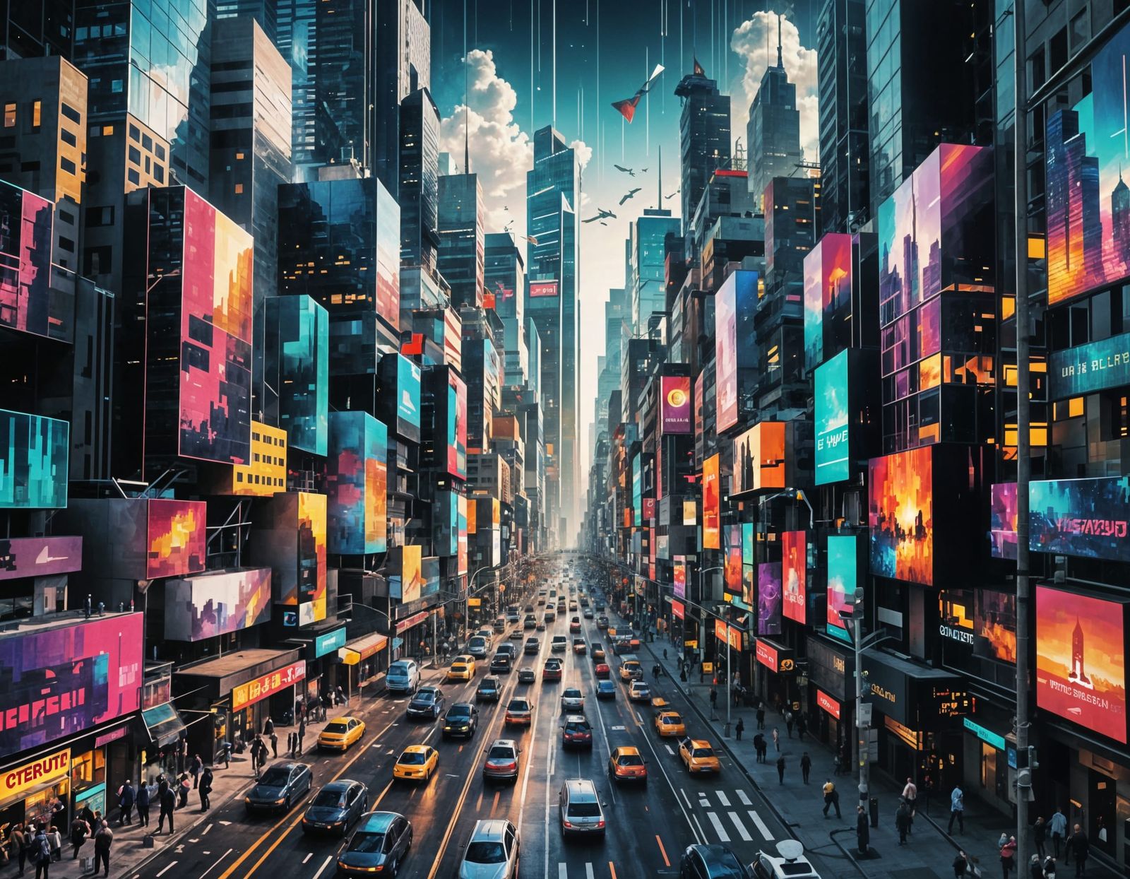 Digital Cityscape with Glitch Overlay in Cyberpunk Style