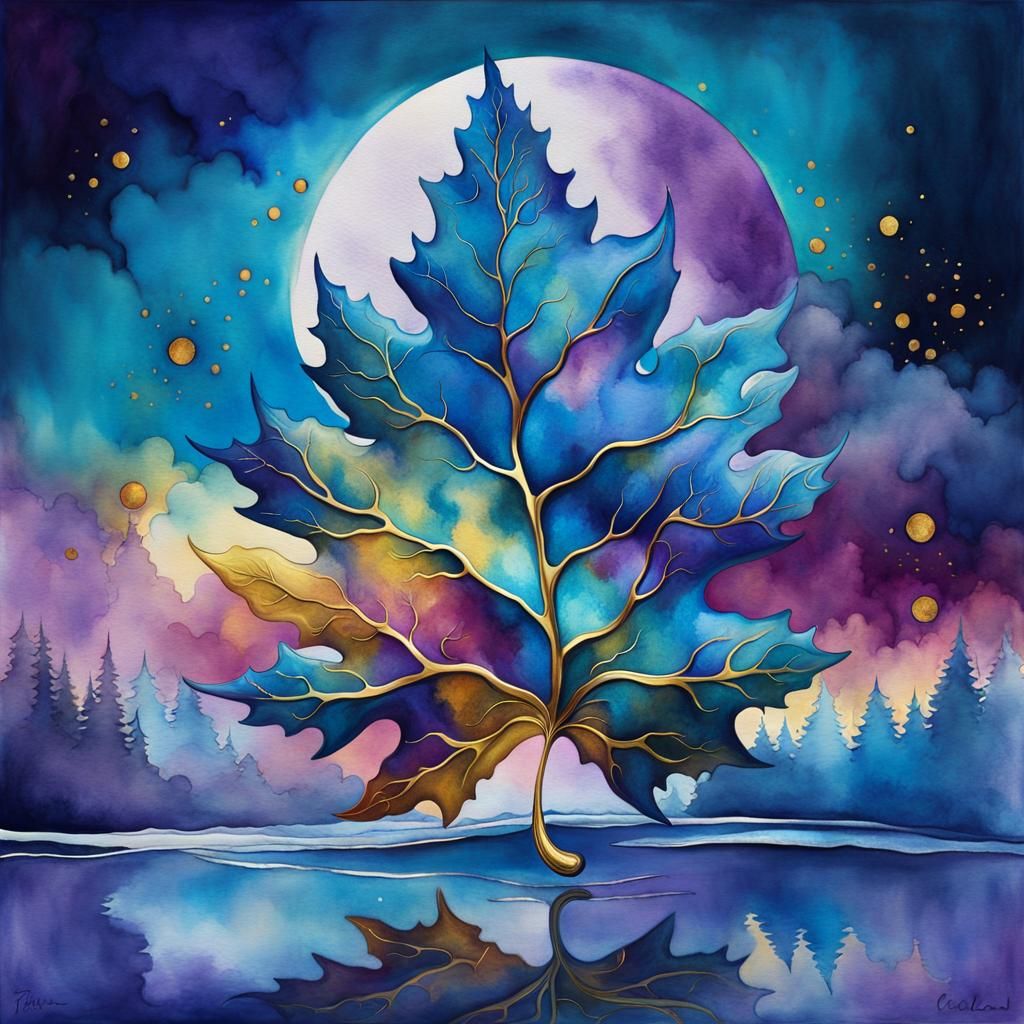 Surreal Golden Maple Leaf in Watercolor Style