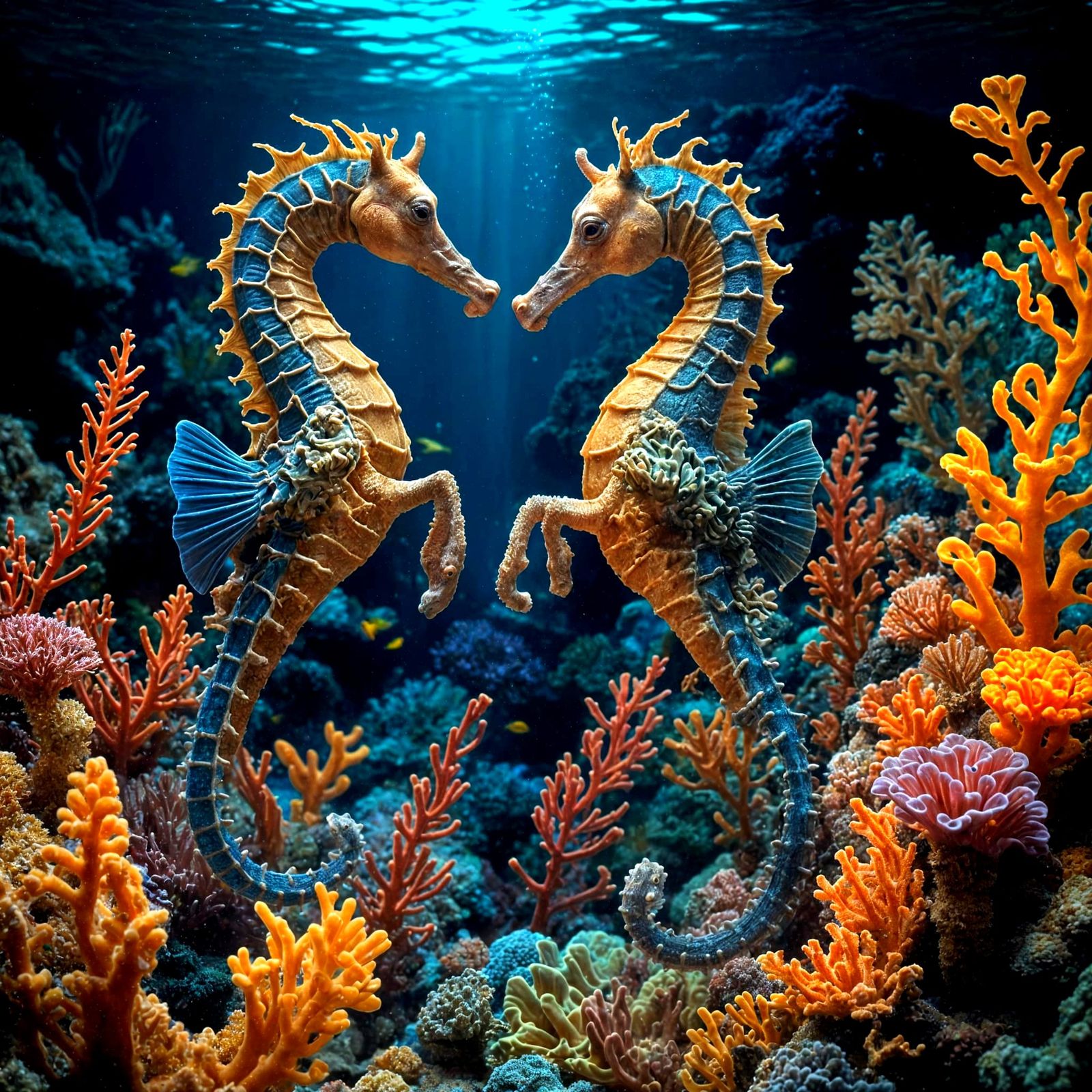 Seahorses in Luminous Coral Reef Wonderland