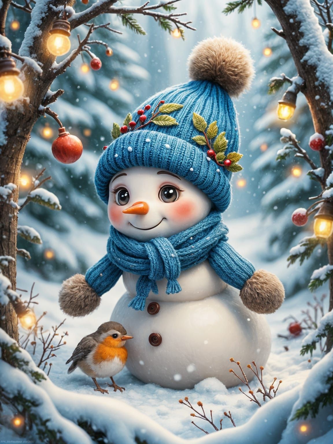 Cute Snowman with Robin in Snowy Forest
