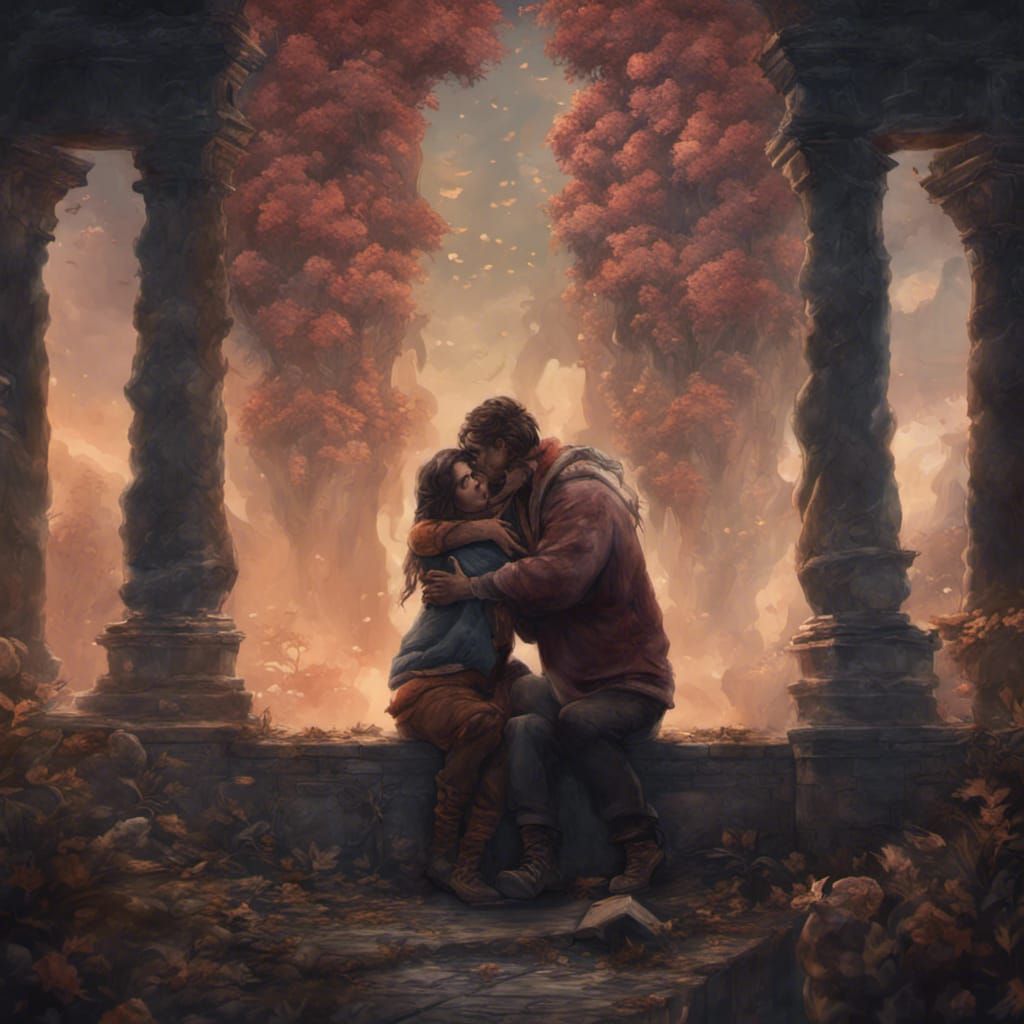 an emotional piece depicting a comforting hug between friend...